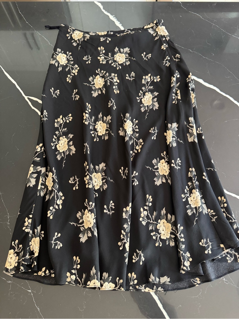 Vintage 100% Silk Valerie Stevens Black Skirt with Cream Floral Print